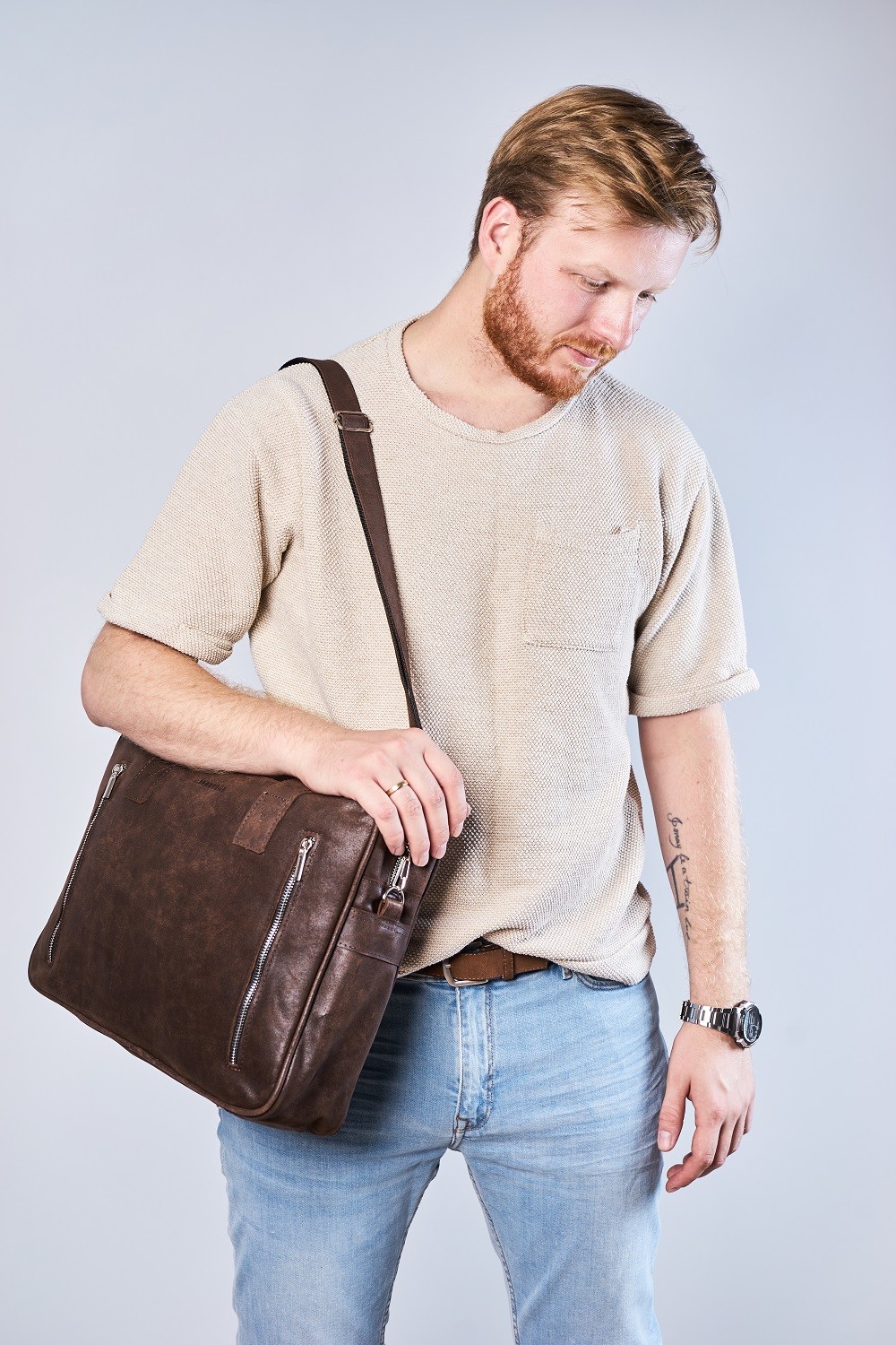 Męska torba na ramię ze skóry brødrene bl02 ciemny brąz