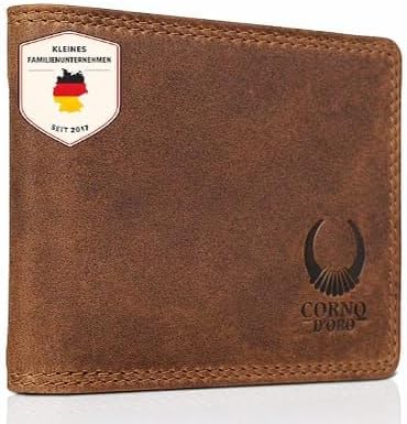 Corno d´Oro Męski portfel skórzany Mini I Slim Wallet z ochroną RFID I mały portfel męski na 6 kart bez przegródki na monety w pudełku prezentowym, braun hunter, S, Minimalistyczny