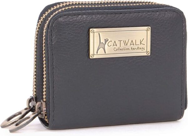 Catwalk Collection Handbags - Mała Damska Skórzana Portmonetka na Zamek - Kieszenie na 13 Kart Kredytowych i Monety - Ochrona RFID - Isla - Czarny
