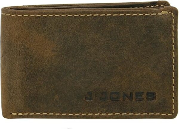 J.Jones - męski mini portfel, Slim Wallet, prawdziwa skóra, ochrona RFID, wygląd postarzanego, antyczny brąz, 10 x 6,5 cm