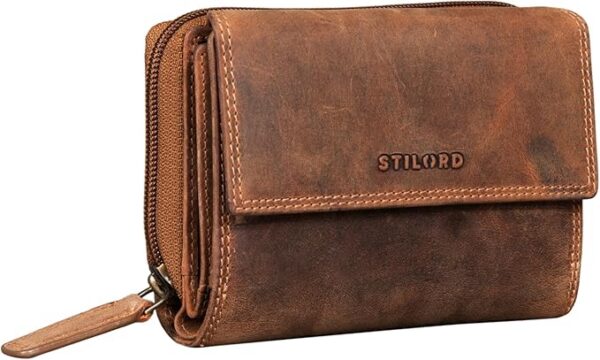 STILORD "Thea" Damski portfel RFID skórzany wallet Vintage dla kobiet Ochrona NFC Skórzany portfel z zamkiem błyskawicznym Oryginalna skóra Kolor:bergamo - brązowy