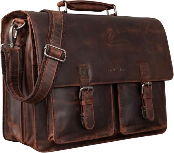 STILORD "Clarence" Skórzana torba biznesowa dla mężczyzn Vintage Briefcase Duża torba na ramię na laptopa 15,6 cala i szerokość teczki DIN A4 Wózek Możliwość dołączenia Kolor:zamora - brązowy