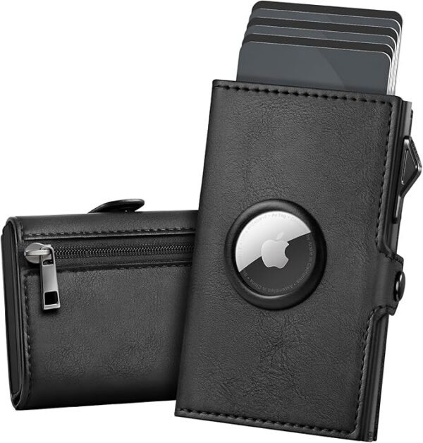 YESIIW Portfel AirTag dla mężczyzn, kompaktowe wysuwane etui na karty z blokadą RFID i NFC, wąski, skórzany, potrójnie składany portfel na karty dla mężczyzn na 8-10 kart i 2 okienka na dowód osobisty