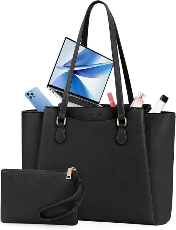 RAINSMORE Torba na laptopa na dużą torebkę 39.6 cm, damska torba na ramię ze skóry PU z portfelem damskim do szkoły, pracy, na zakupy
