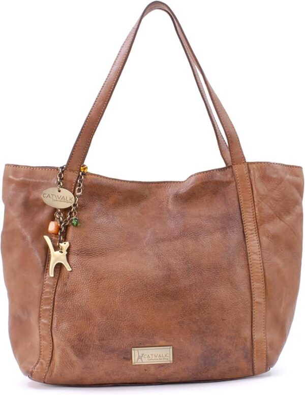 Catwalk Collection Handbags - Damska Skórzana Torba Na Ramię - Torebka Typu Tote na Zamek - Postarzana Prana Skóra Vintage - Hazel