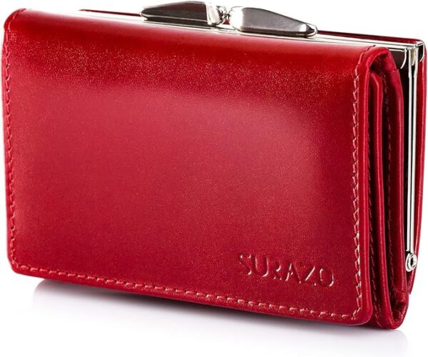 SURAZO® Skórzany portfel damski, mały, wiele przegródek – portfel damski z 12 przegródkami na karty [ochrona RFID] [przegródka na monety] prawdziwa skóra portfel damski portfel z klapką, czerwony, m