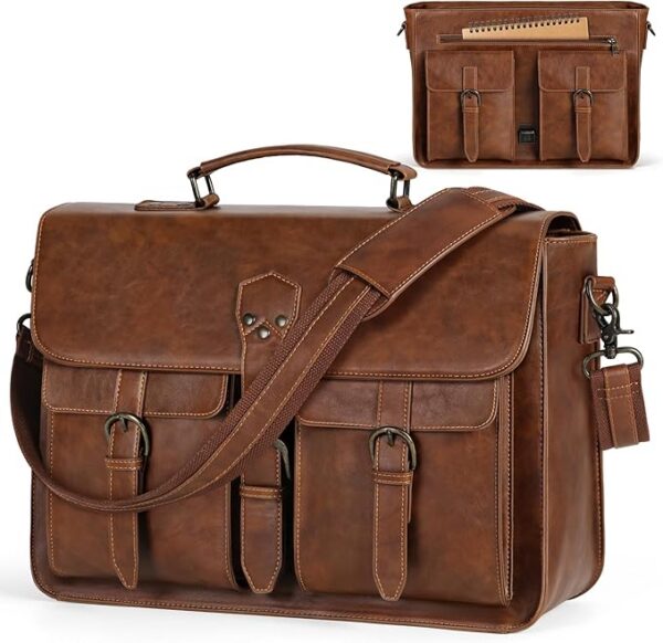RAINSMORE Torba Listonoszka Skórzana Vintage Torba na Ramię 15.6 cala Torba na Laptopa Torba Kurierska Aktówka Wodoodporna Torby na Laptopy do Pracy Szkoły Uczelnię Podróżna Biznesowej Brązowy