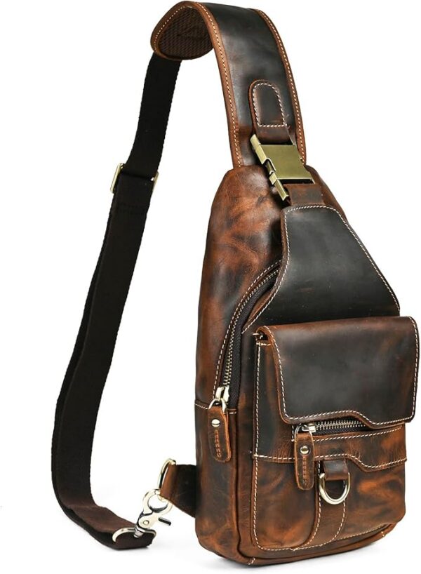 Wodoodporne płótno + skóra plecak podróżny plecak podróżny Sling crossbody trójkątna torba na klatkę piersiową dla mężczyzn kobiet FB8013, 100% skóra naturalna-8015 brązowy, Medium