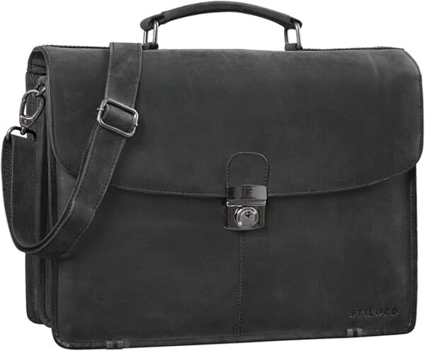 STILORD "Miguel" Classic Leather Briefcase Black Gents duża torba biznesowa torba biurowa z zamkiem do powieszenia 15,6 calowej torby na laptopa Kolor:antracyt