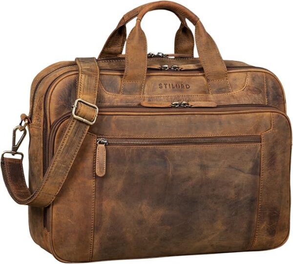 STILORD "Nelson" biznesowa torba męska skórzana 15,6 calowa torba na laptopa duża torba na ramię torba vintage skóra bydlęca Kolor:średni brąz