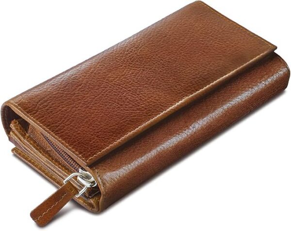ROYALZ skórzany portfel damski w stylu vintage, duży, z wieloma przegródkami, blokada RFID, format poziomy, Texas Braun, M