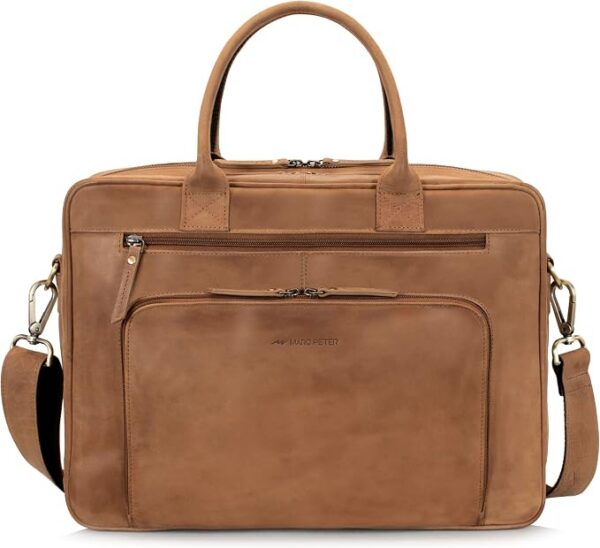 Marc Peter® Hamilton torba biznesowa męska ze skóry 15,6 cala | Skórzana torba na laptopa | Duża aktówka torba na ramię ze skóry bydlęcej vintage, koniak, L