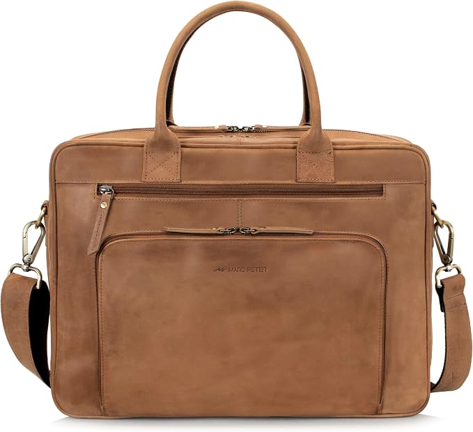 Marc Peter® Hamilton torba biznesowa męska ze skóry 15,6 cala | Skórzana torba na laptopa | Duża aktówka torba na ramię ze skóry bydlęcej vintage, koniak, L