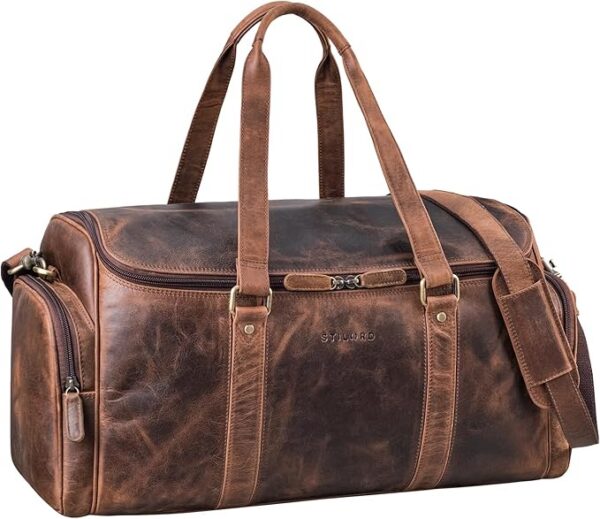 STILORD "Myles" Vintage Travel Bag Men's Leather Weekender to wear Overnight Duffle Bag Large Luggage XL genuine cowhide Kolor:soria - brązowy