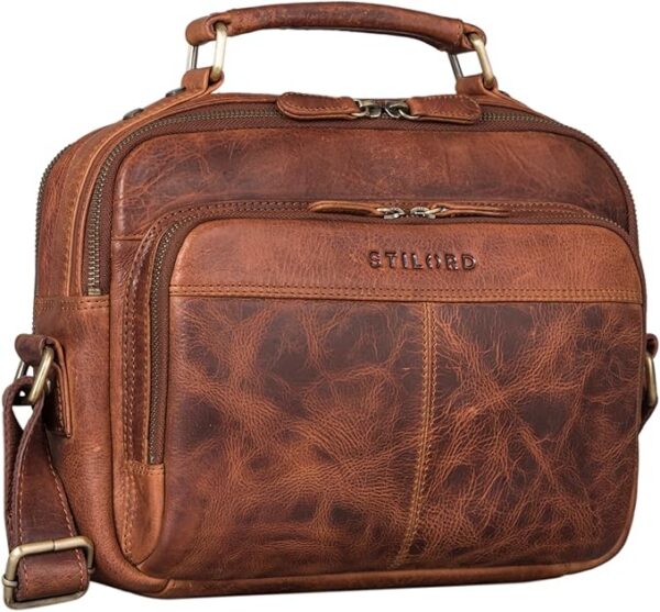 STILORD "Kuno" Torba na ramię Męska skórzana mała torba na aparat Męska torba biznesowa Vintage Messenger Bag Torba na ramię z prawdziwej skóry Kolor:kara - koniak