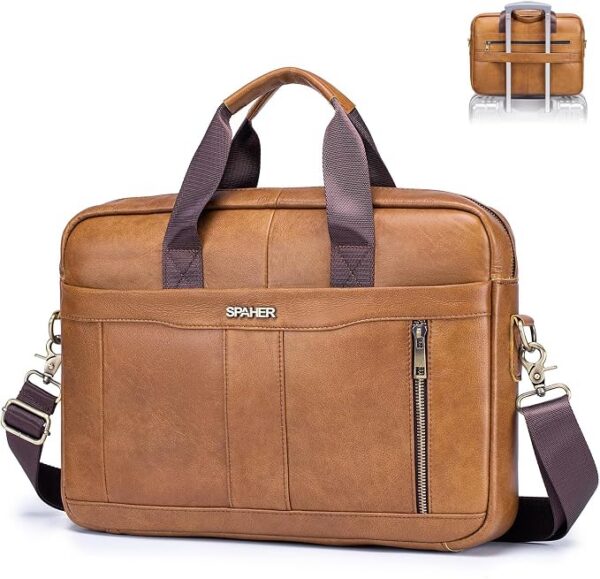 SPAHER Vintage Torba na Laptopa 14/15,6 cala Męska Teczka Prawdziwej Skóry Briefcase Torba na Ramię Torba na Biznesowa Pracy Notebooka Robocza Listonoszka Crossbody Wodoodporna