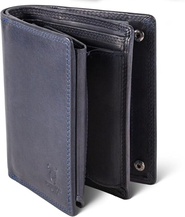 MATADOR Portfel męski ze skóry #Toronto z eleganckim pudełkiem upominkowym, elegancka portmonetka z ochroną RFID, luksusowy portfel męski z wieloma przegródkami na karty, niebieski Navy, L, Klasyczny