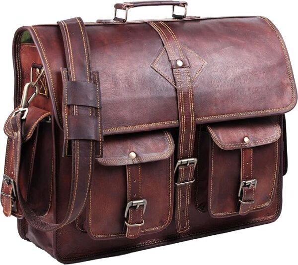 Vintage Leather Laptop Bag for Men Full Grain Large Leather Messenger bag for men 18 inches with rustic look Brown briefcase (Brown)
