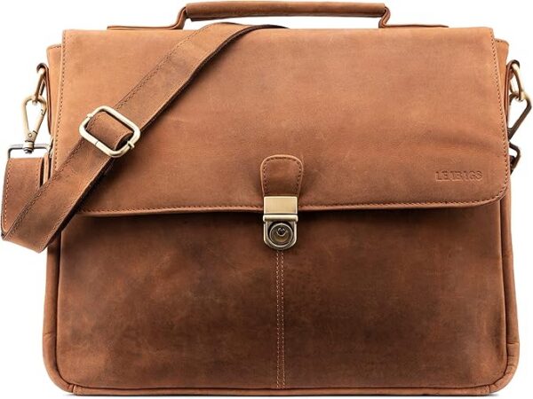 LEABAGS Skórzana torba na ramię męska, aktówka w stylu vintage, torba listonoszka na laptopa o przekątnej ekranu 15", torba na ramię z paskiem na ramię, skórzana torba na notebooka, torba robocza
