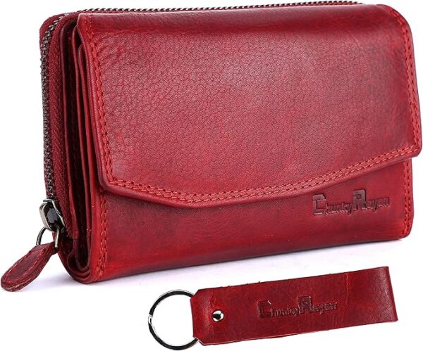 Portfel damski z prawdziwej skóry, wysokiej jakości ochrona RFID, w zestawie skórzany breloczek do kluczy, czerwony, XL, Vintage