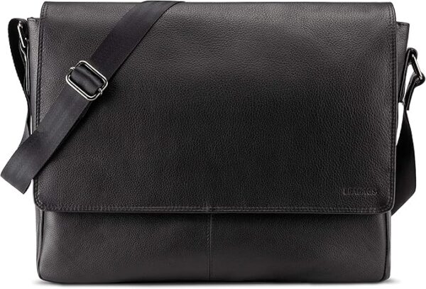 LEABAGS skórzana torba na ramię i laptop 15 cali, kurierska torba z prawdziwej skóry bawolej w stylu vintage 30x11x39 cm Czerń Onyksu